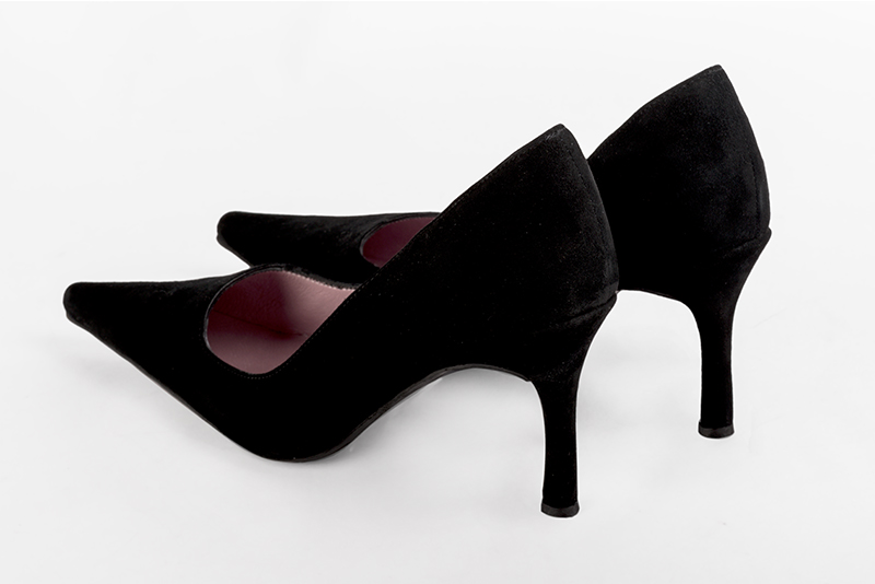 Matt black women's dress pumps,with a square neckline. Pointed toe. High slim heel. Rear view - Florence KOOIJMAN
